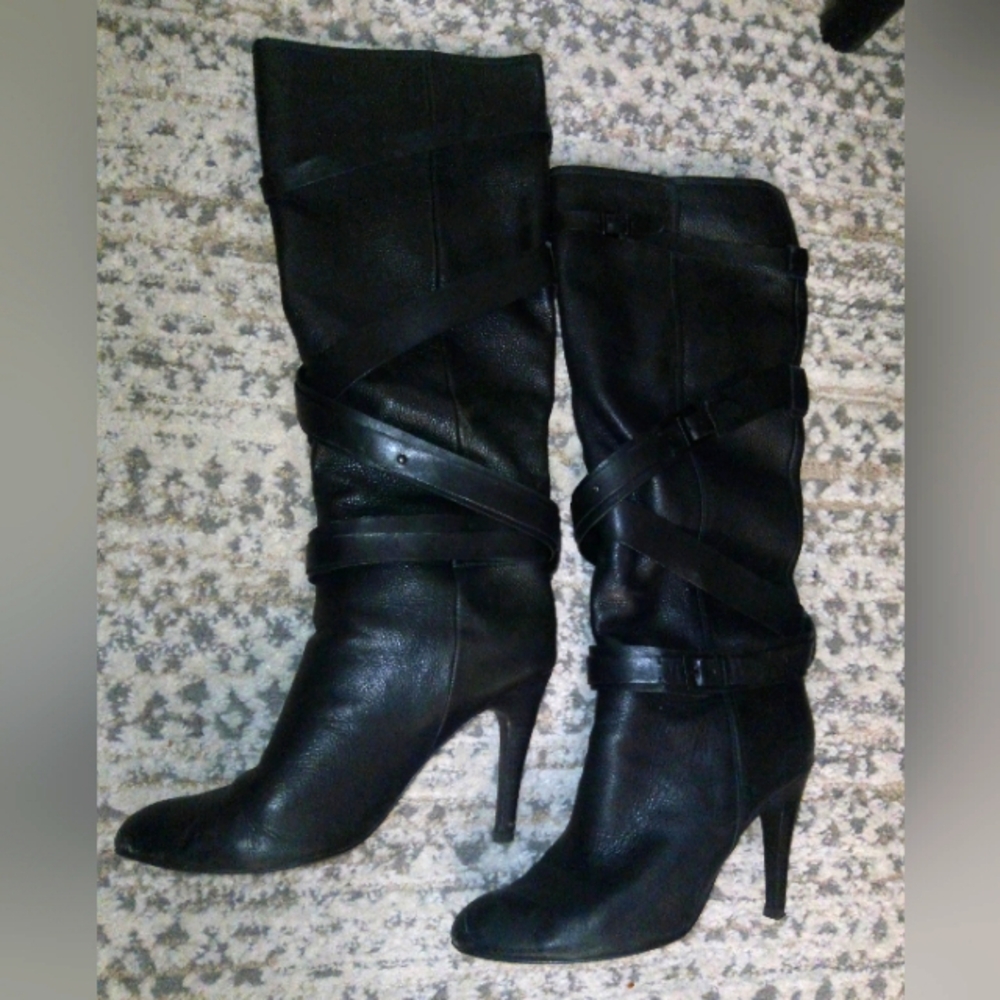 Moto Chic Rosegold Strappy Italian Leather Knee High Boot in Black Sz 10 - Picture 10 of 10